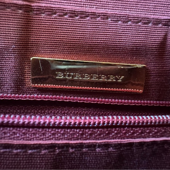 Burberry Nova Check Canvas Zip Top Tote Burgundy Leather Trim Auth - Picture 6 of 13